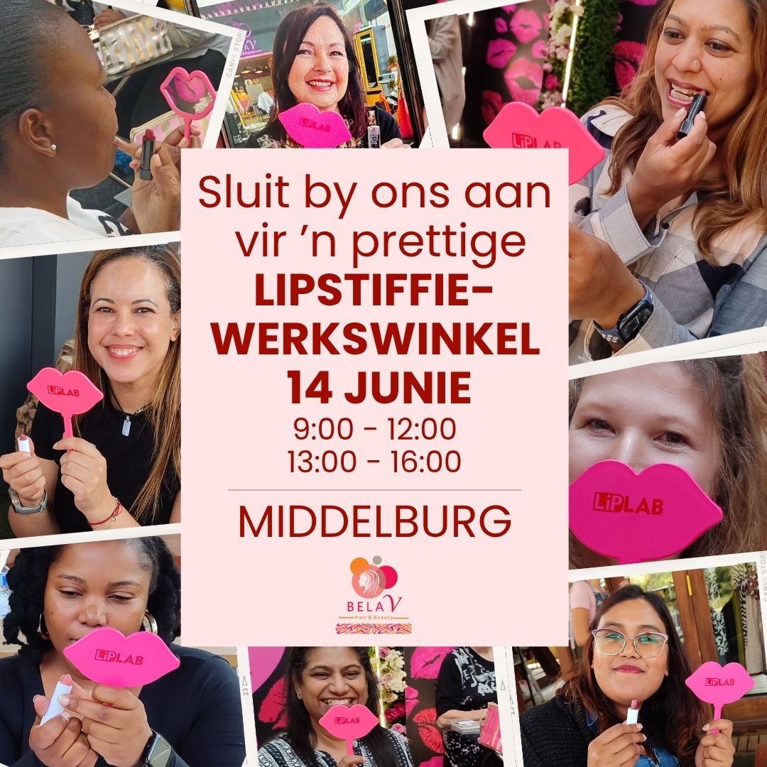 Sluit by ons aan vir ’n prettige lipstiffie-werkswinkel 14 Junie 9:00 - 12:00 13:00 - 16:00 Middelburg